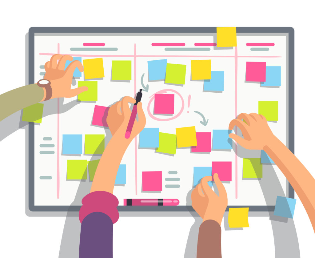 Operations team huddle around a whiteboard reviewing an end-of-week checklist